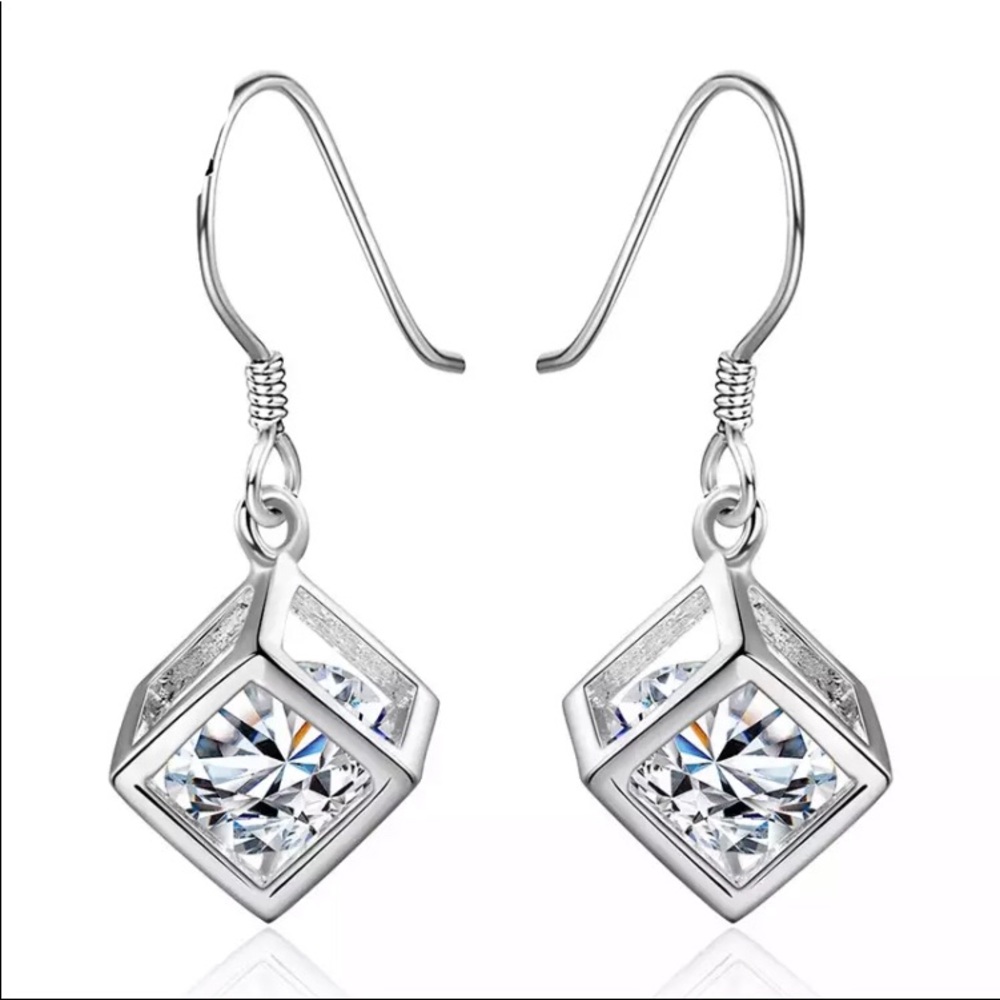 New Sterling Silver Diamond Hollow Cube Earrings